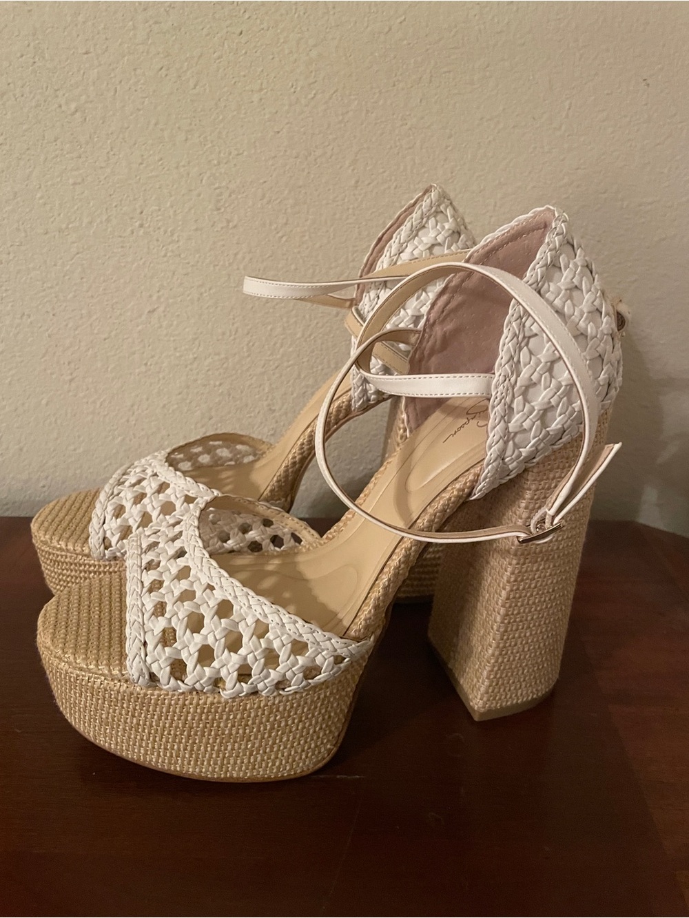 Woven Platform Block Heel Sandals - White, size 10
